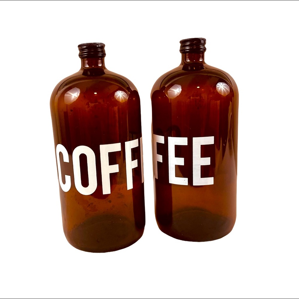 Glass COFFEE Pint Size Jugs Brown Glass White Bold Letters (2 Included)